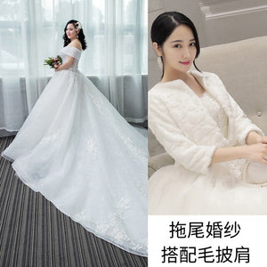 Large-size wedding dress 2019 new Korean simple bride shoulder trailing 200 kg fat mm fattening increase