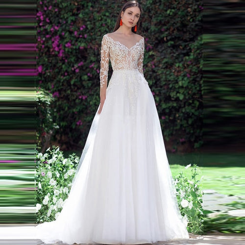 Illusion Long Sleeve Wedding Dress Tulle A Line Bridal Gown Lace Appliques Top Wedding Dresses abiti da sposa