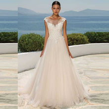 Load image into Gallery viewer, Sheer Scoop Neck A Line Wedding Dress +Veil Cap Sleeve Court Train Bridal Gowns Lace Appliques wedding reception dress