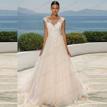 Load image into Gallery viewer, Sheer Scoop Neck A Line Wedding Dress +Veil Cap Sleeve Court Train Bridal Gowns Lace Appliques wedding reception dress