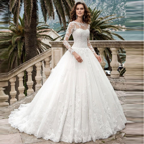 Princess Lace Up Long Sleeve Wedding Dresses 2019 Sheer Scoop Appliques Lace Bride Dress Vestido De Noiva Wedding Gown Plus Size
