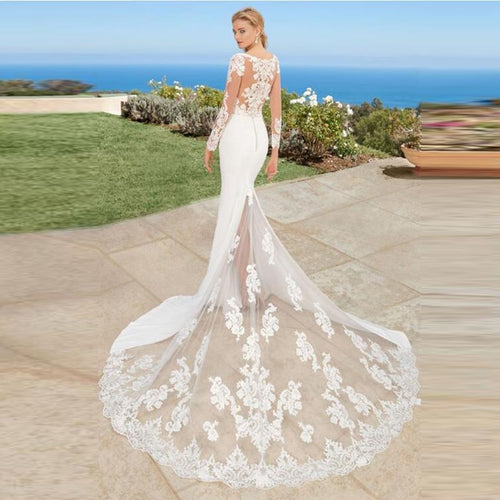 Long Sleeve Mermaid Wedding Dress Scoop Appliques Lace Beach Bride Dress Illusion Long Train Princess Wedding Gown