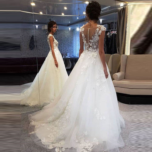 Scoop Wedding Dresses White Lace Applique A Line Sleeveless Illusion Sweep Train Bridal Gown Dress with Back Buttons