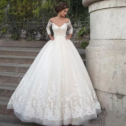 Elegant Long Sleeve Princess Ball Gown Wedding Dresses 2019 Lace Appliques Bridal Dress Customized Plus Size Wedding Gown