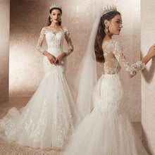 Load image into Gallery viewer, Lover Kiss Vestido De Noiva Transparent Long Sleeve Wedding Dresses Luxury Lace Bride Dress Gown Beaded Sexy robe mariage sirene
