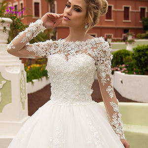 Fmogl Charming Appliques Long Sleeves A-Line Wedding Dress 2019 Fashion Scoop Neck Lace Up Princess Bridal Gown Vestido de Noiva